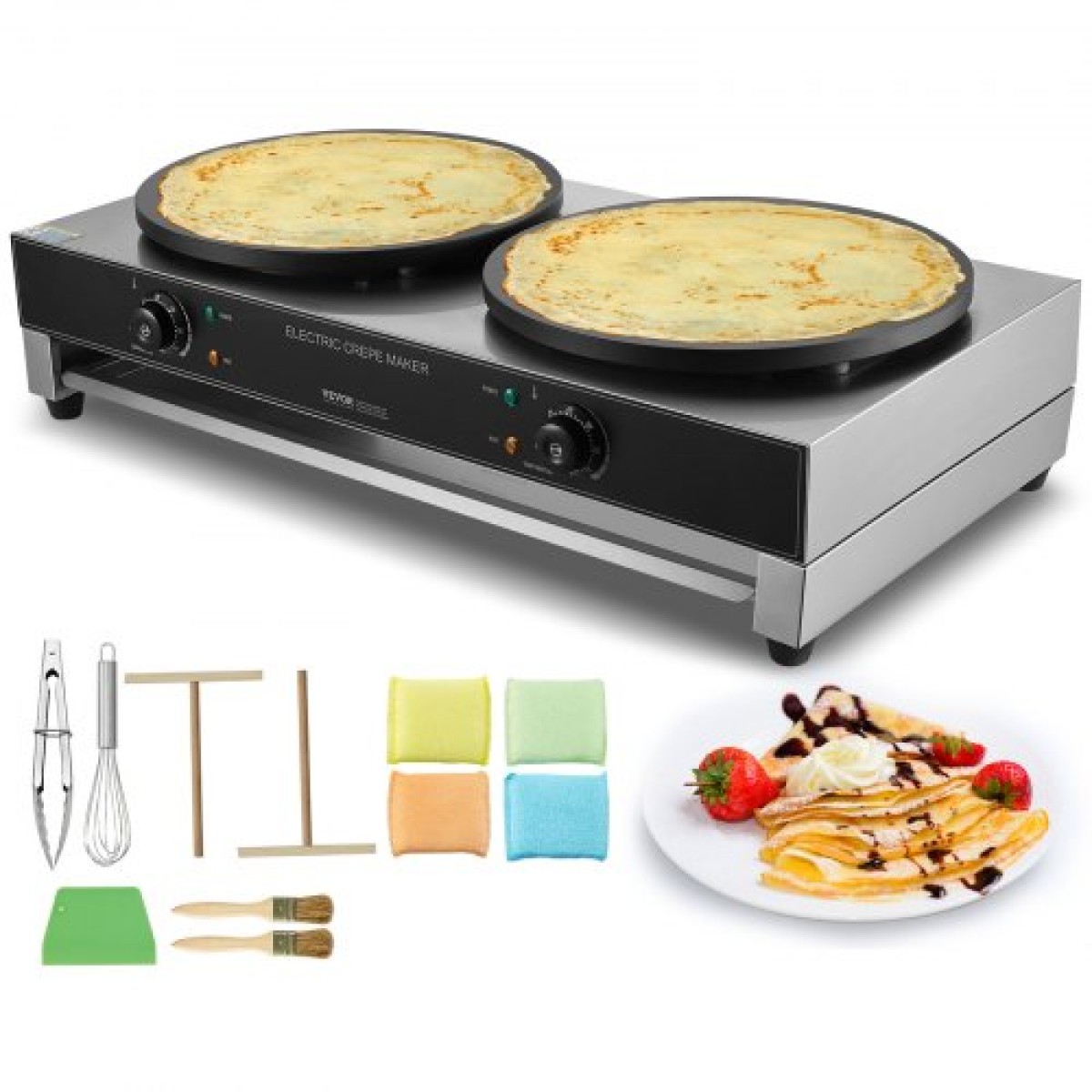 VEVOR Electric Crepe Maker, Εμπορική κρεπ μηχανή διπλής κεφαλής 16 ιντσών, Επίπεδη πλάκα κρεπ σχάρα 6000W, Αντικολλητική κατασκευή τηγανιτών από ανοξείδωτο χάλυβα, επιτραπέζια σόμπα για τηγανίτες με δημητριακά, ρυθμιστής θερμοκρασίας