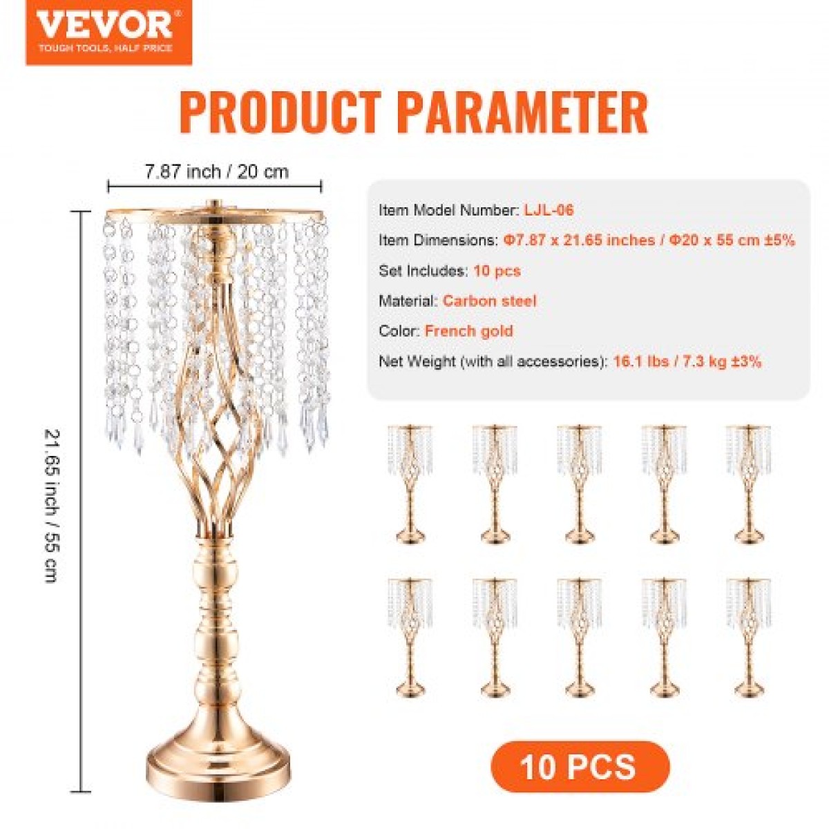 VEVOR 10PCS 55cm/21,65” Ψηλό κρυστάλλινο σταντ για λουλούδια γάμου, μεταλλικό γαμήλιο κεντρικό βάζο, χρυσές θήκες για λουλούδια Floral ράφι για τραπέζια Δείπνο γάμου, Διακόσμηση γενεθλίων τελετών