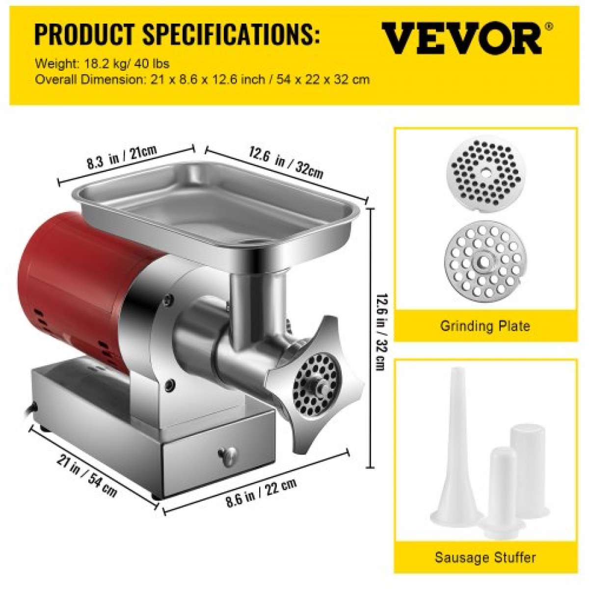 VEVOR Ηλεκτρικός μύλος κρέατος, 661 λίβρες/ώρα 1100 W Μηχανή μύλου κρέατος, Ηλεκτρικός κιμάς 1,5 HP με 2 πλάκες λείανσης, κιτ λουκάνικων σετ μύλος κρέατος βαρέως τύπου, οικιακή κουζίνα και εμπορική χρήση