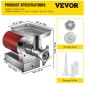 VEVOR Ηλεκτρικός μύλος κρέατος, 661 λίβρες/ώρα 1100 W Μηχανή μύλου κρέατος, Ηλεκτρικός κιμάς 1,5 HP με 2 πλάκες λείανσης, κιτ λουκάνικων σετ μύλος κρέατος βαρέως τύπου, οικιακή κουζίνα και εμπορική χρήση
