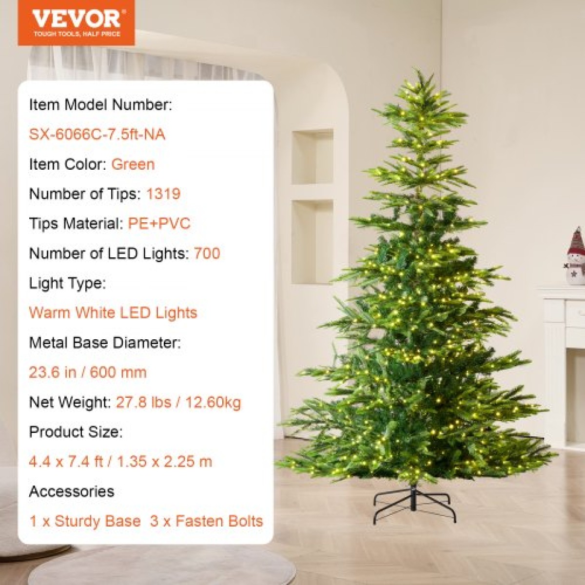 Χριστουγεννιάτικο δέντρο VEVOR, Τεχνητό χριστουγεννιάτικο δέντρο 7,5 ποδιών Prelit, Full Holiday Decor Tree με 700 ζεστά λευκά φώτα LED, 1319 άκρες για κλαδιά, μεταλλική βάση για διακόσμηση γραφείου για πάρτι στο σπίτι