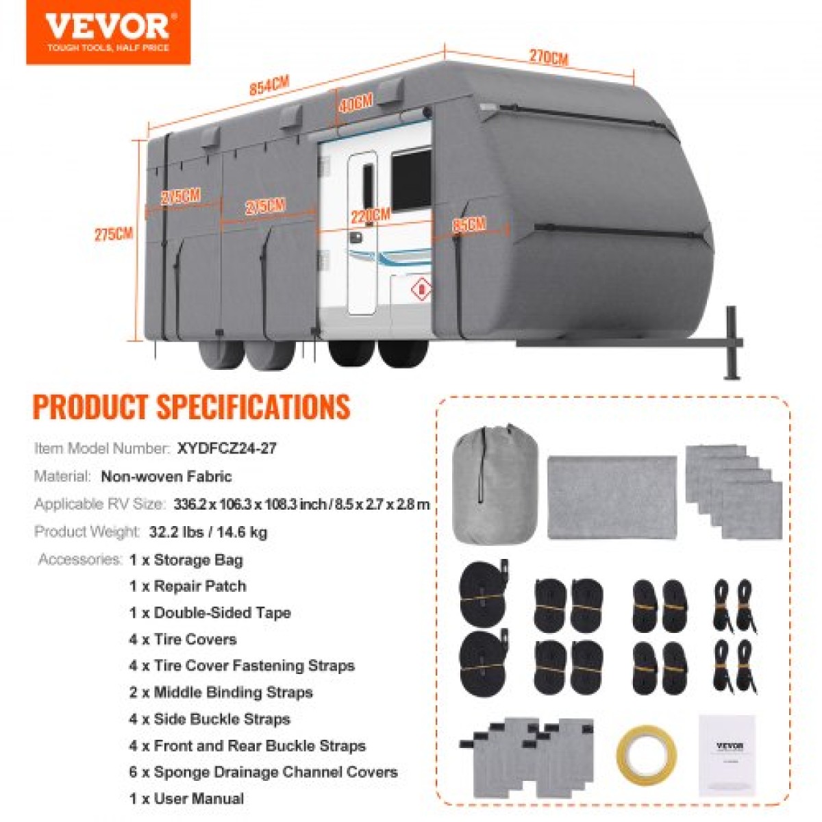 VEVOR Trailer Travel RV Cover 731,5-823 cm Κάλυμμα Camper Class A Non-woven Fabric