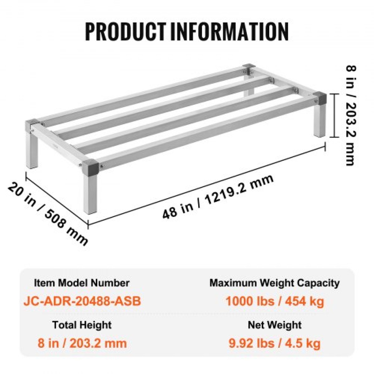 Σχάρα αλουμινίου VEVOR Dunnage, 48" x 20" Εμπορική σχάρα φαγητού, 8" εκτός δαπέδου, 1000 lbs Σχάρα αποθήκευσης αλουμινίου ολοσυγκολλημένης χωρητικότητας, για αποθήκευση σε εστιατόρια, κουζίνες, γκαράζ και οχήματα