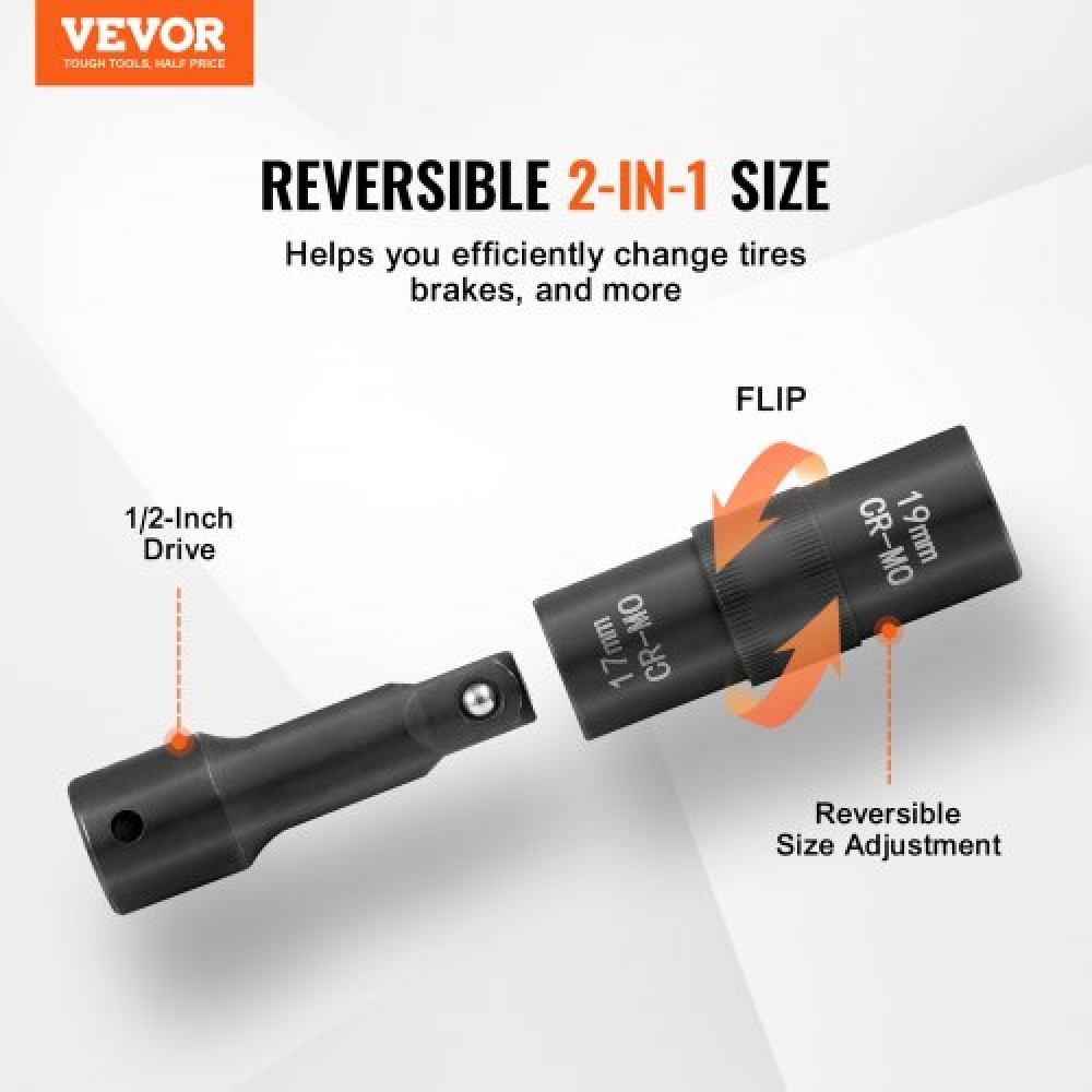 VEVOR Lug Nut Impact Socket Set, 1/2 inch Drive Metric και SAE 6-Point Flip Socket Socket, 4 Total Lug Nut Sizes, CR-MO Steel Socket Socket Set with Storage Case and Extension Bar, για Αυτόματη επισκευή