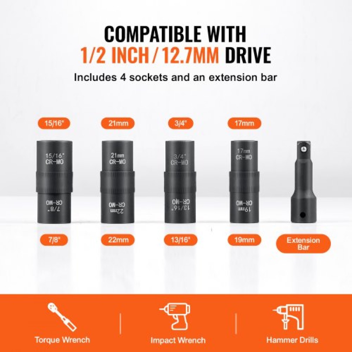 VEVOR Lug Nut Impact Socket Set, 1/2 inch Drive Metric και SAE 6-Point Flip Socket Socket, 4 Total Lug Nut Sizes, CR-MO Steel Socket Socket Set with Storage Case and Extension Bar, για Αυτόματη επισκευή