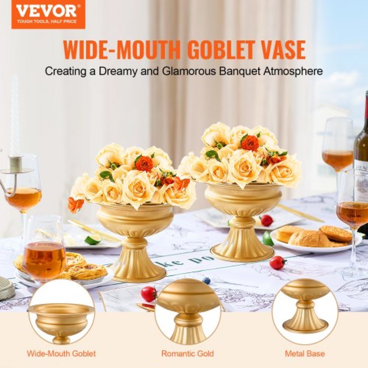 VEVOR 10PCS 16cm/6,3” Ψηλό Βάζο Γάμου με Λουλούδια, Μεταλλικό Κέντρο Γάμου, Χρυσή φλοράλ διάταξη Βάση προβολής για τραπέζια Δείπνο γάμου, Διακόσμηση γενεθλίων τελετής επετείου