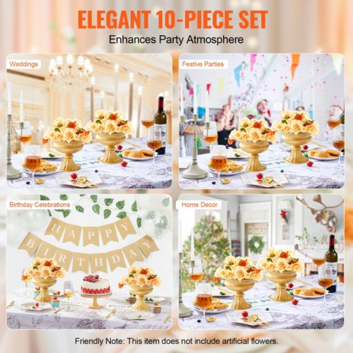 VEVOR 10PCS 16cm/6,3” Ψηλό Βάζο Γάμου με Λουλούδια, Μεταλλικό Κέντρο Γάμου, Χρυσή φλοράλ διάταξη Βάση προβολής για τραπέζια Δείπνο γάμου, Διακόσμηση γενεθλίων τελετής επετείου