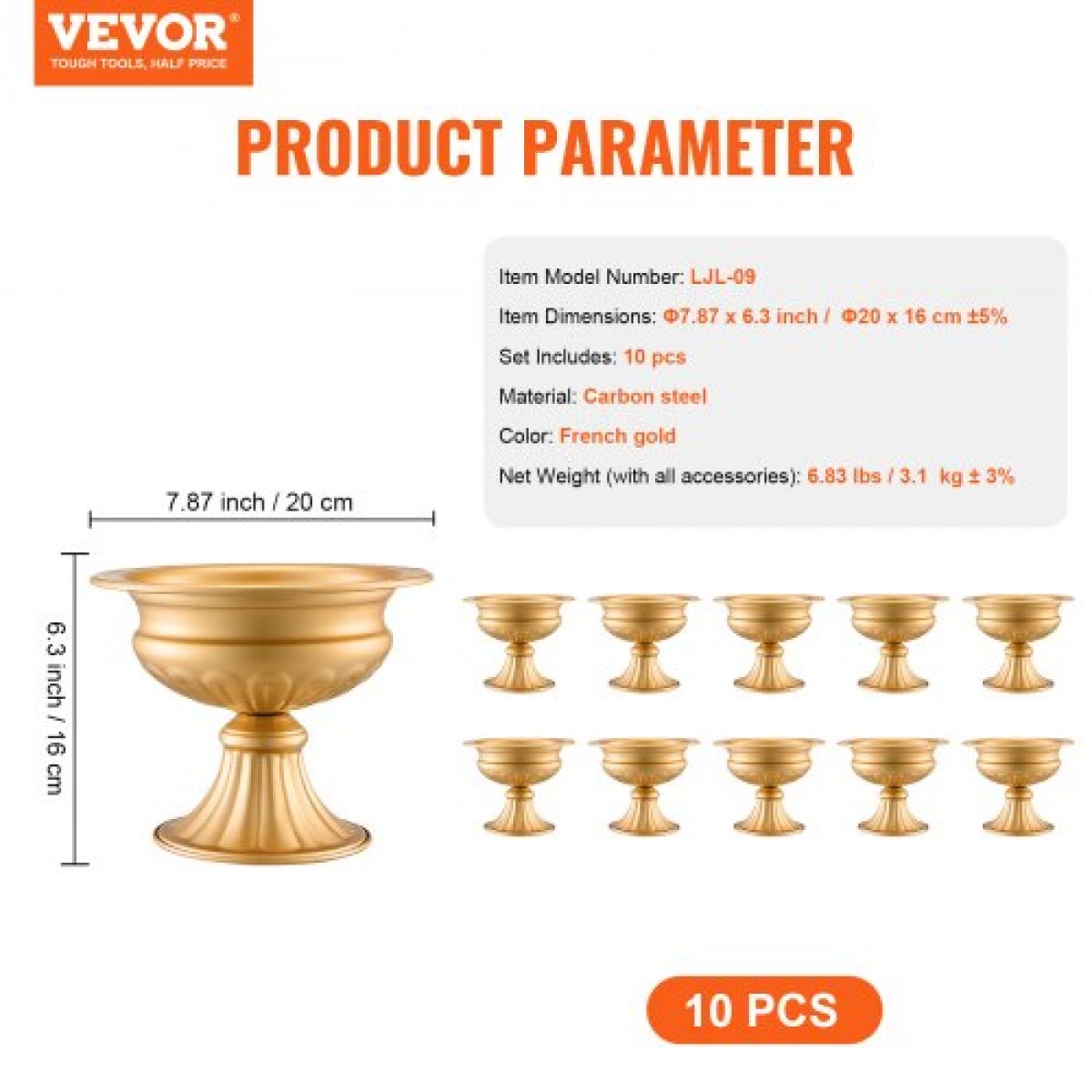 VEVOR 10PCS 16cm/6,3” Ψηλό Βάζο Γάμου με Λουλούδια, Μεταλλικό Κέντρο Γάμου, Χρυσή φλοράλ διάταξη Βάση προβολής για τραπέζια Δείπνο γάμου, Διακόσμηση γενεθλίων τελετής επετείου
