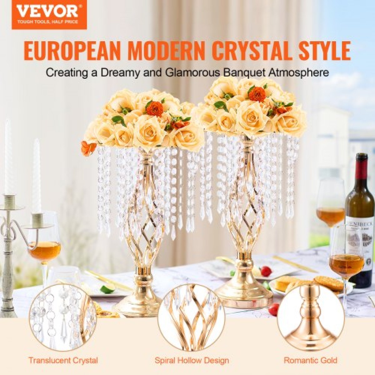 VEVOR 20PCS 43cm/16,9” Ψηλό κρυστάλλινο σταντ για λουλούδια γάμου, Μεταλλικό κεντρικό βάζο γάμου, χρυσές θήκες για λουλούδια Floral ράφι για τραπέζια Δείπνο γάμου, Διακόσμηση γενεθλίων τελετών