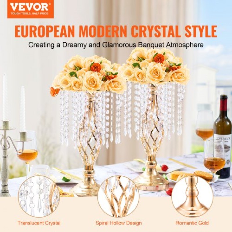 VEVOR 20PCS 43cm/16,9” Ψηλό κρυστάλλινο σταντ για λουλούδια γάμου, Μεταλλικό κεντρικό βάζο γάμου, χρυσές θήκες για λουλούδια Floral ράφι για τραπέζια Δείπνο γάμου, Διακόσμηση γενεθλίων τελετών
