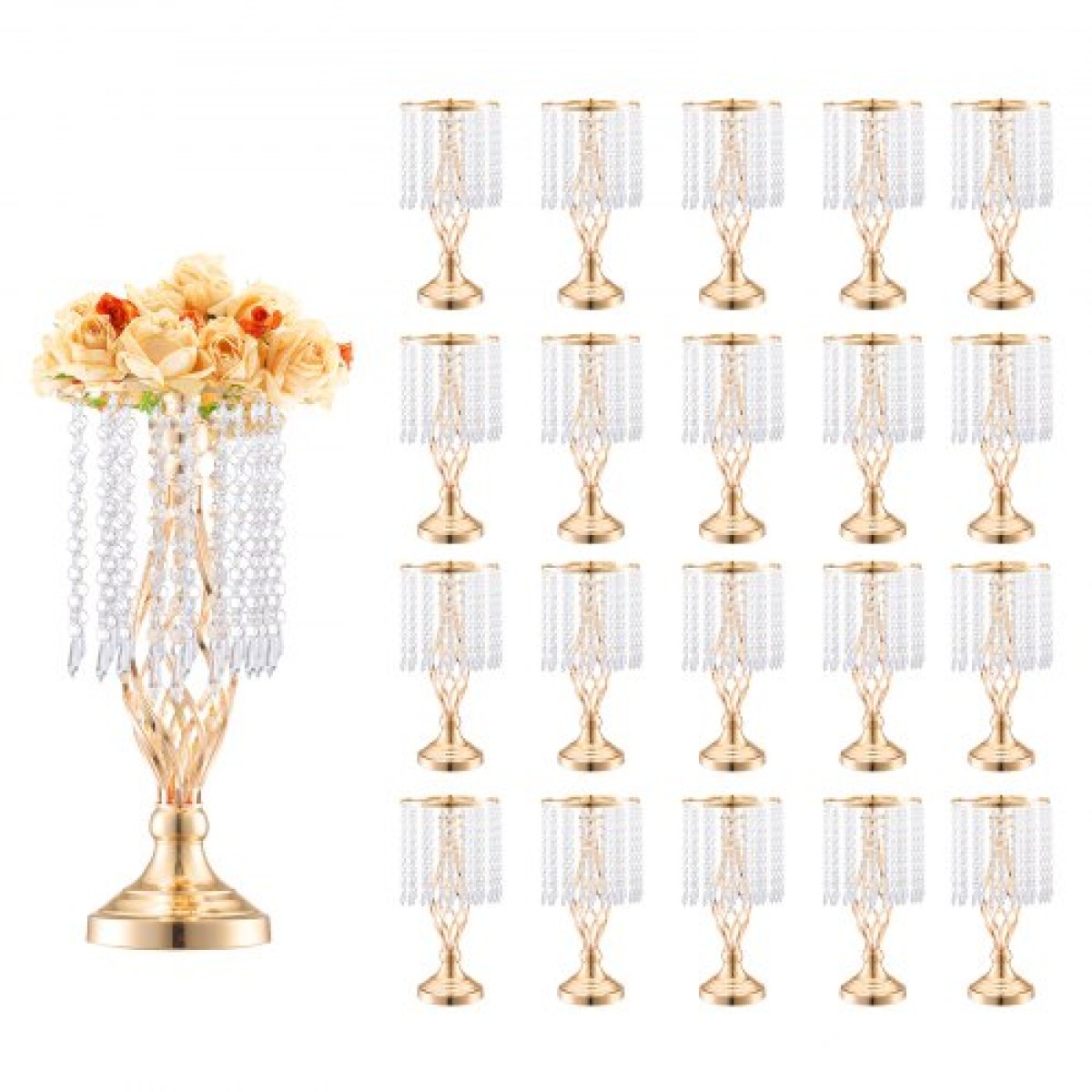 VEVOR 20PCS 43cm/16,9” Ψηλό κρυστάλλινο σταντ για λουλούδια γάμου, Μεταλλικό κεντρικό βάζο γάμου, χρυσές θήκες για λουλούδια Floral ράφι για τραπέζια Δείπνο γάμου, Διακόσμηση γενεθλίων τελετών