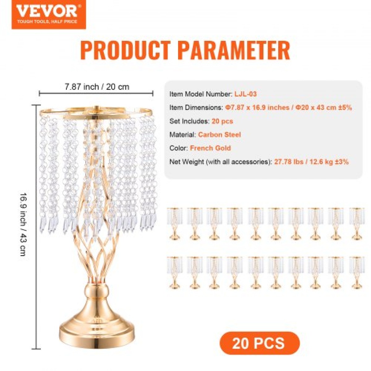 VEVOR 20PCS 43cm/16,9” Ψηλό κρυστάλλινο σταντ για λουλούδια γάμου, Μεταλλικό κεντρικό βάζο γάμου, χρυσές θήκες για λουλούδια Floral ράφι για τραπέζια Δείπνο γάμου, Διακόσμηση γενεθλίων τελετών