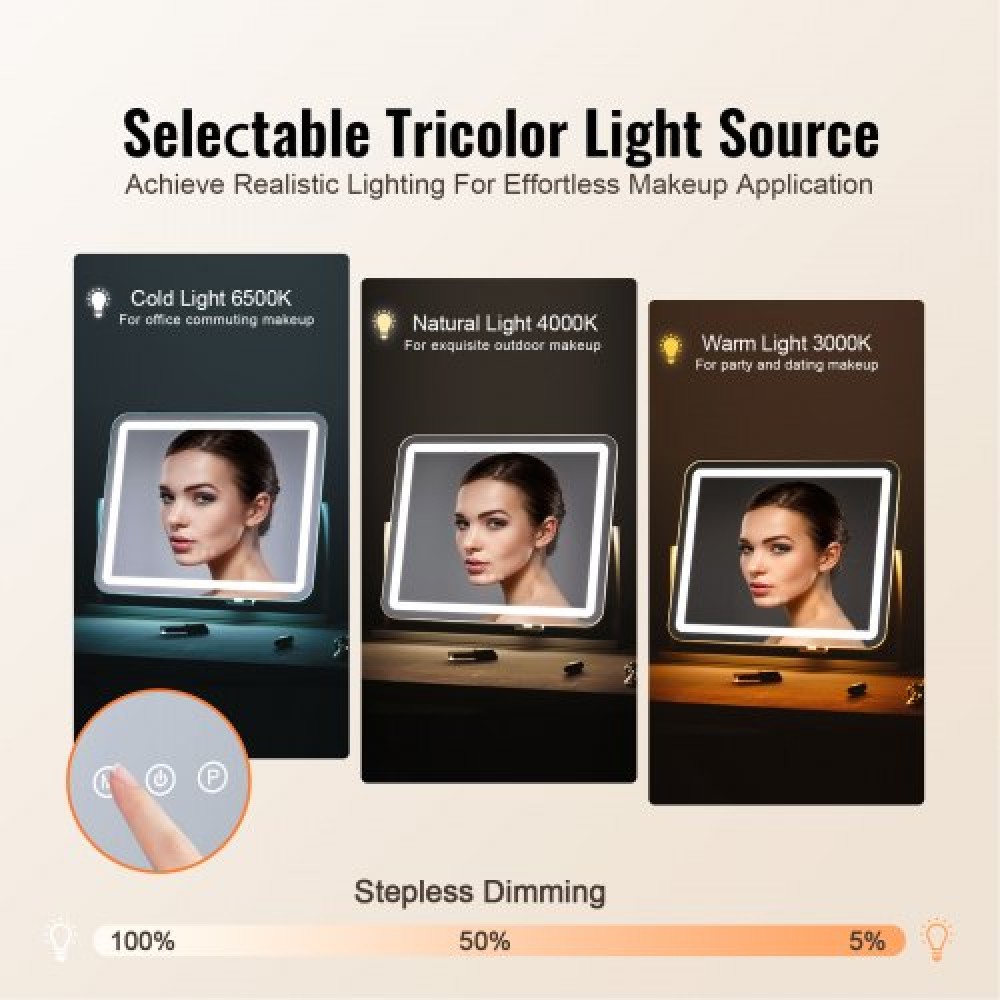 VEVOR Vanity Mirror με φώτα, τρεις λειτουργίες φωτισμού, φωτιζόμενο καθρέφτη μακιγιάζ LED και μεγέθυνση 5X, θύρα USB, Smart Touch Control, Περιστροφή 360° (21,7x17,7 in, Λευκό)