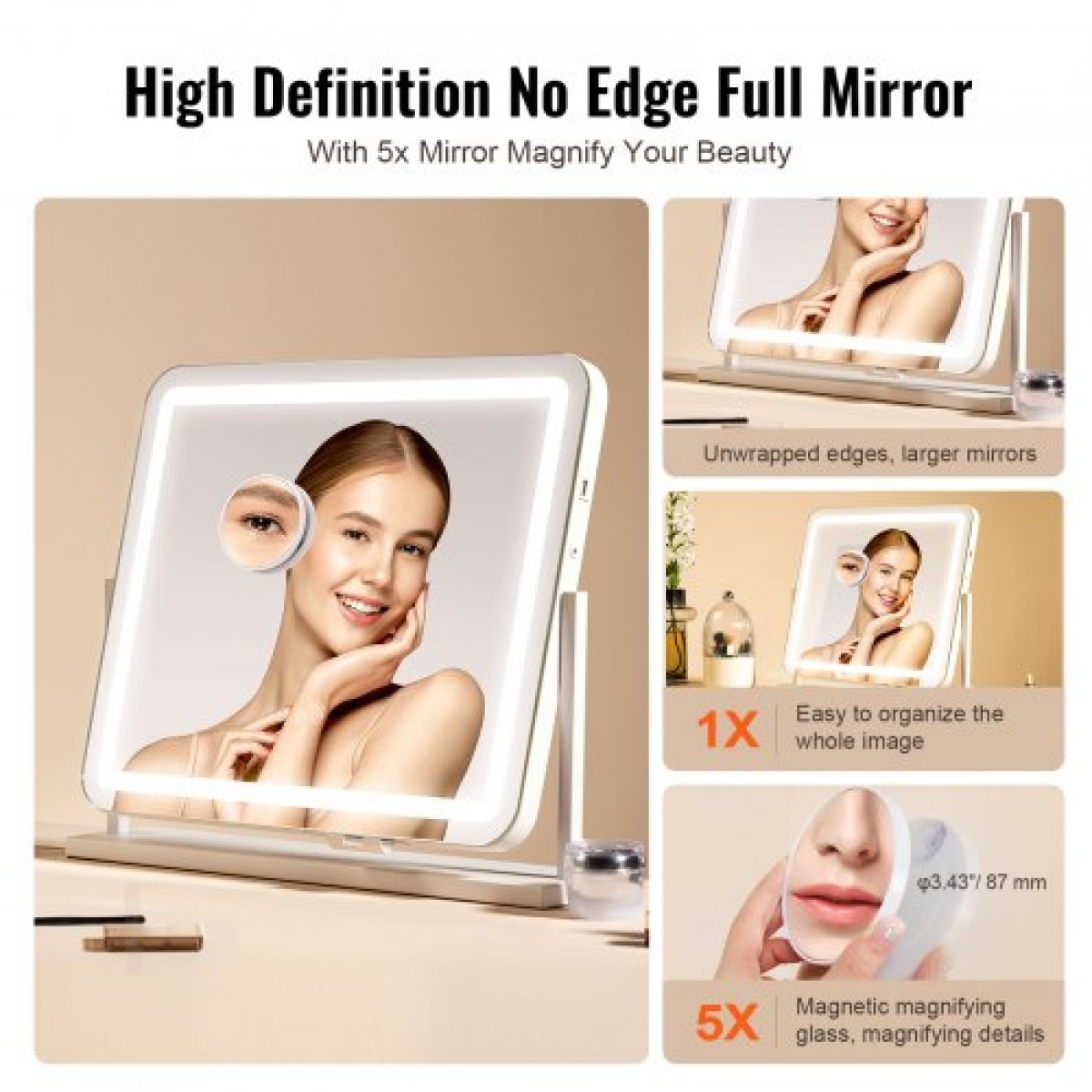 VEVOR Vanity Mirror με φώτα, τρεις λειτουργίες φωτισμού, φωτιζόμενο καθρέφτη μακιγιάζ LED και μεγέθυνση 5X, θύρα USB, Smart Touch Control, Περιστροφή 360° (21,7x17,7 in, Λευκό)