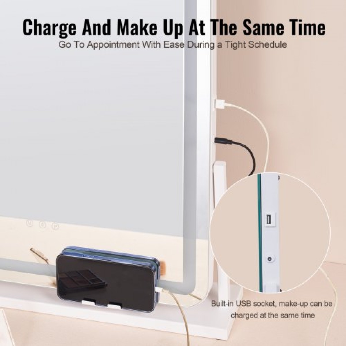 VEVOR Vanity Mirror με φώτα, τρεις λειτουργίες φωτισμού, φωτιζόμενο καθρέφτη μακιγιάζ LED και μεγέθυνση 5X, θύρα USB, Smart Touch Control, Περιστροφή 360° (21,7x17,7 in, Λευκό)