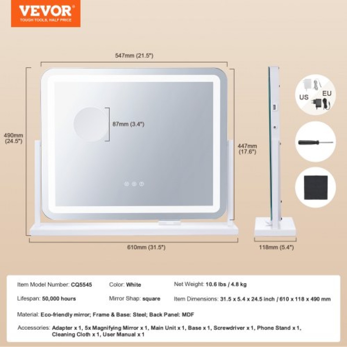 VEVOR Vanity Mirror με φώτα, τρεις λειτουργίες φωτισμού, φωτιζόμενο καθρέφτη μακιγιάζ LED και μεγέθυνση 5X, θύρα USB, Smart Touch Control, Περιστροφή 360° (21,7x17,7 in, Λευκό)