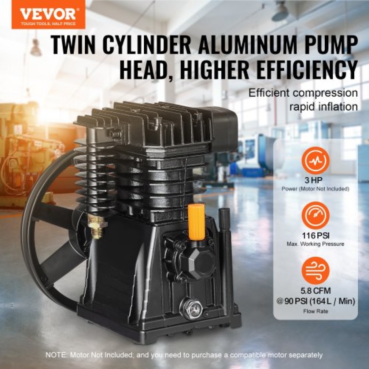 Κεφαλή αντλίας αεροσυμπιεστή VEVOR, 3HP 5.8CFM @ 90PSI, Κεφαλή εμβόλου αντλίας αέρα συμπιεστή με λιπαντικό διπλού κυλίνδρου, Αντικατάσταση αντλίας αεροσυμπιεστή αλουμινίου μονού σταδίου με μέγ.Πίεση 116 PSI