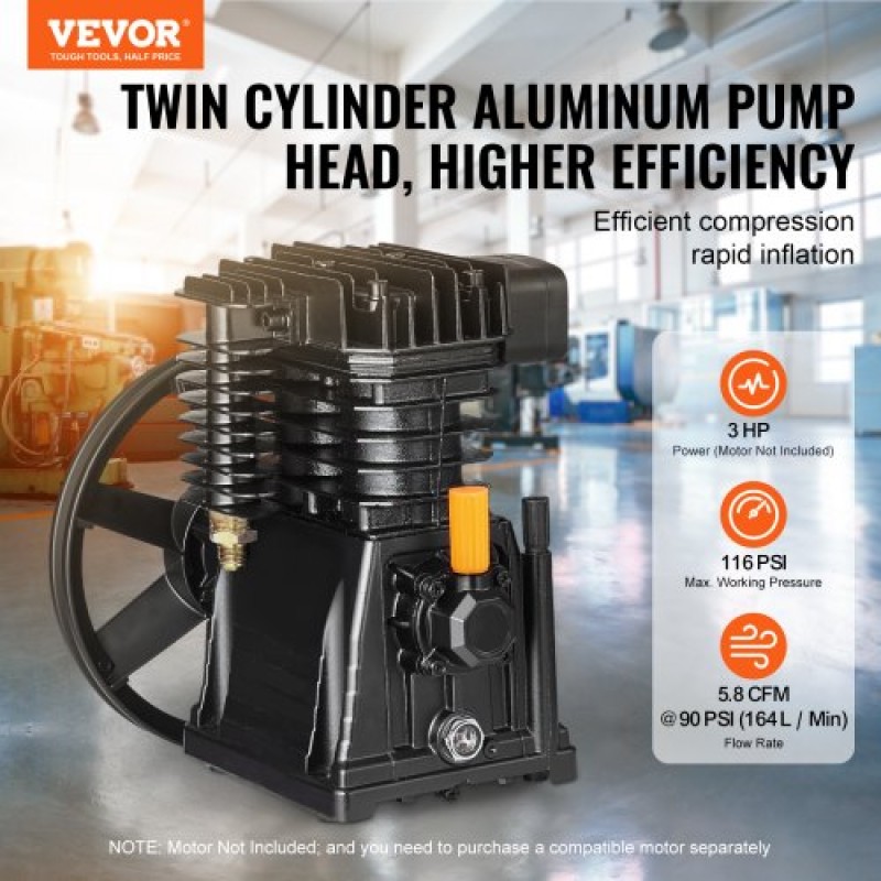 Κεφαλή αντλίας αεροσυμπιεστή VEVOR, 3HP 5.8CFM @ 90PSI, Κεφαλή εμβόλου αντλίας αέρα συμπιεστή με λιπαντικό διπλού κυλίνδρου, Αντικατάσταση αντλίας αεροσυμπιεστή αλουμινίου μονού σταδίου με μέγ.Πίεση 116 PSI