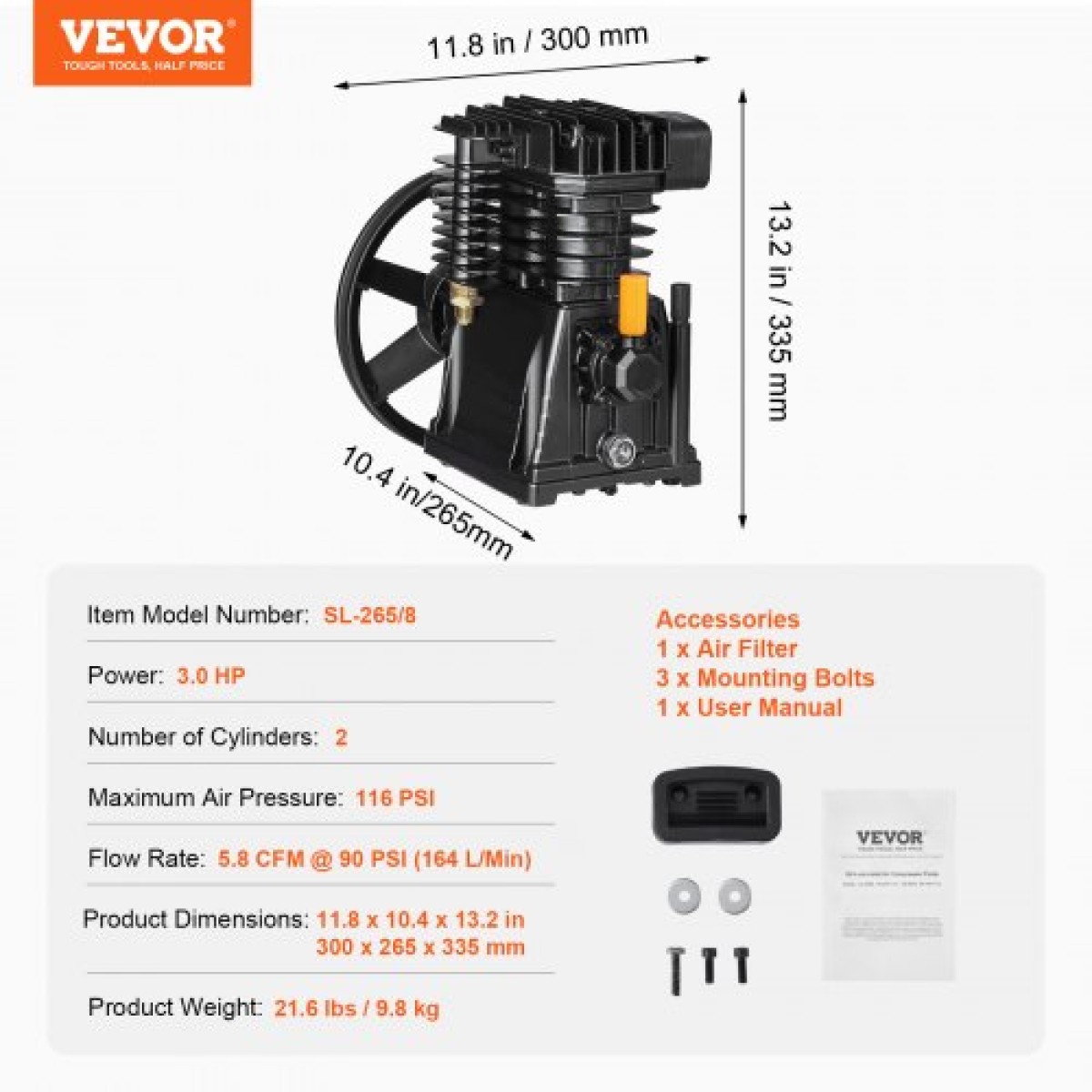 Κεφαλή αντλίας αεροσυμπιεστή VEVOR, 3HP 5.8CFM @ 90PSI, Κεφαλή εμβόλου αντλίας αέρα συμπιεστή με λιπαντικό διπλού κυλίνδρου, Αντικατάσταση αντλίας αεροσυμπιεστή αλουμινίου μονού σταδίου με μέγ.Πίεση 116 PSI