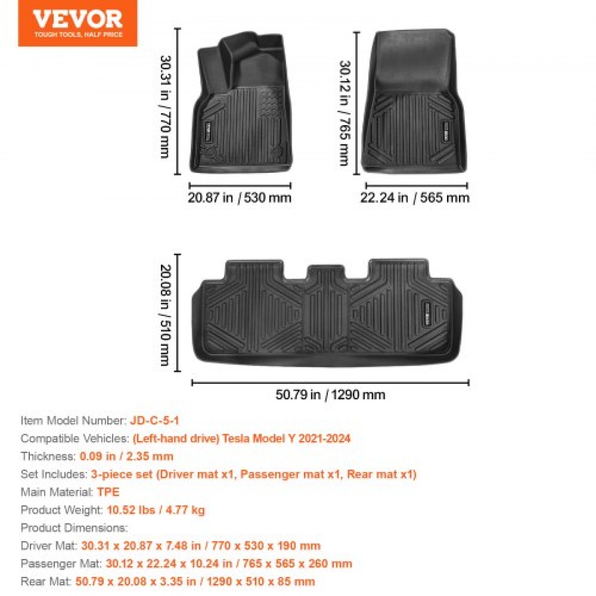 Πατάκια VEVOR Automotive, Εφαρμογές για Tesla Model Y 2021-2024, 3 τμχ Επενδύσεις μπροστινής και 2ης σειράς, Παντός καιρού Custom Fit TPE Vehicle πατάκια, Εύκολο στο καθάρισμα και ασφαλή επένδυση δαπέδου για SUV, Μαύρα