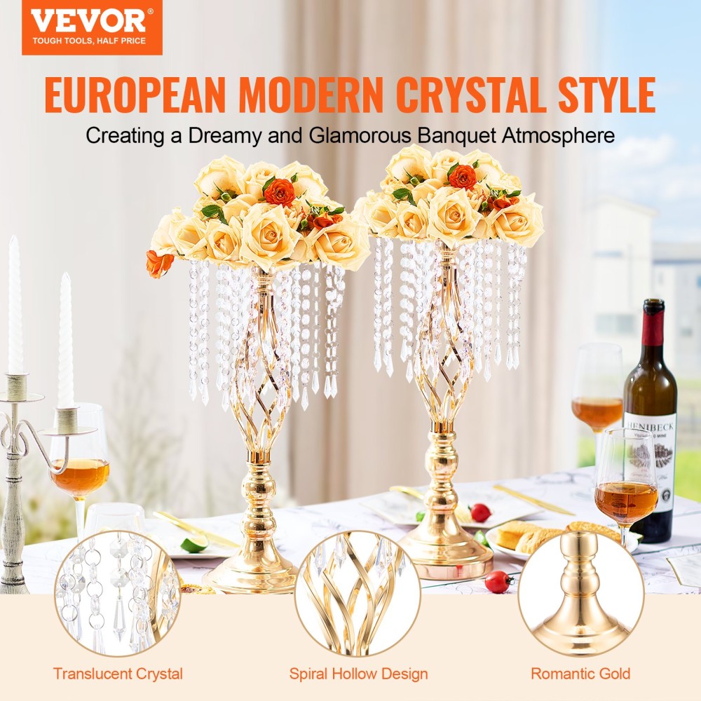 VEVOR 12PCS 49cm/19,3” Ψηλό κρυστάλλινο σταντ γάμου με λουλούδια, μεταλλικό γαμήλιο κεντρικό βάζο, χρυσές θήκες για λουλούδια Floral ράφι για τραπέζια Δείπνο γάμου, Διακόσμηση γενεθλίων τελετών