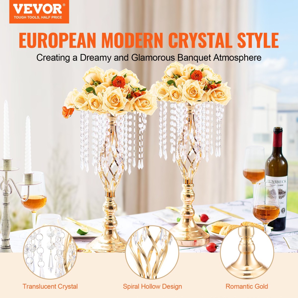 VEVOR 12PCS 49cm/19,3” Ψηλό κρυστάλλινο σταντ γάμου με λουλούδια, μεταλλικό γαμήλιο κεντρικό βάζο, χρυσές θήκες για λουλούδια Floral ράφι για τραπέζια Δείπνο γάμου, Διακόσμηση γενεθλίων τελετών