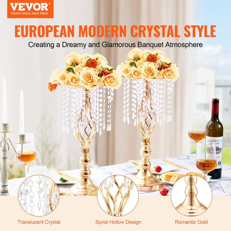 VEVOR 12PCS 49cm/19,3” Ψηλό κρυστάλλινο σταντ γάμου με λουλούδια, μεταλλικό γαμήλιο κεντρικό βάζο, χρυσές θήκες για λουλούδια Floral ράφι για τραπέζια Δείπνο γάμου, Διακόσμηση γενεθλίων τελετών