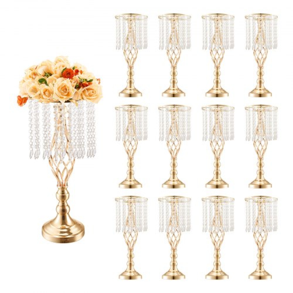 VEVOR 12PCS 49cm/19,3” Ψηλό κρυστάλλινο σταντ γάμου με λουλούδια, μεταλλικό γαμήλιο κεντρικό βάζο, χρυσές θήκες για λουλούδια Floral ράφι για τραπέζια Δείπνο γάμου, Διακόσμηση γενεθλίων τελετών