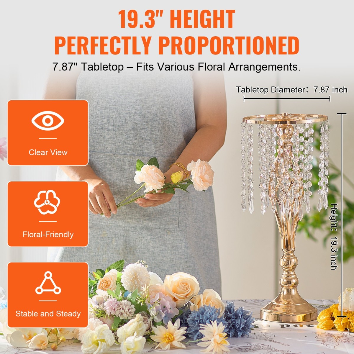 VEVOR 12PCS 49cm/19,3” Ψηλό κρυστάλλινο σταντ γάμου με λουλούδια, μεταλλικό γαμήλιο κεντρικό βάζο, χρυσές θήκες για λουλούδια Floral ράφι για τραπέζια Δείπνο γάμου, Διακόσμηση γενεθλίων τελετών