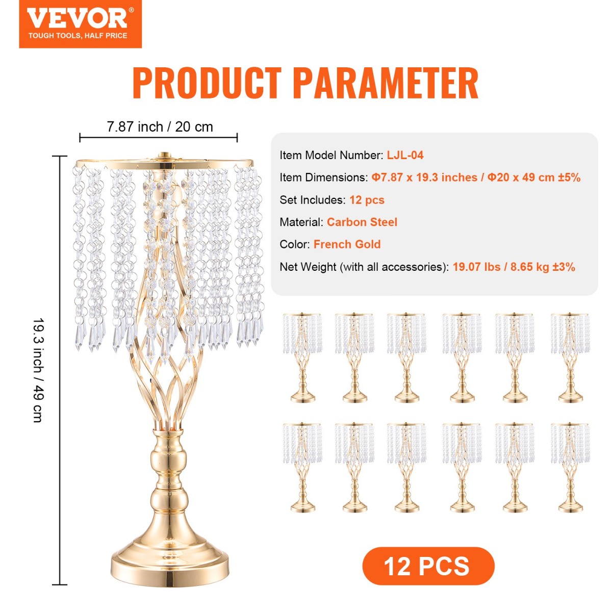 VEVOR 12PCS 49cm/19,3” Ψηλό κρυστάλλινο σταντ γάμου με λουλούδια, μεταλλικό γαμήλιο κεντρικό βάζο, χρυσές θήκες για λουλούδια Floral ράφι για τραπέζια Δείπνο γάμου, Διακόσμηση γενεθλίων τελετών