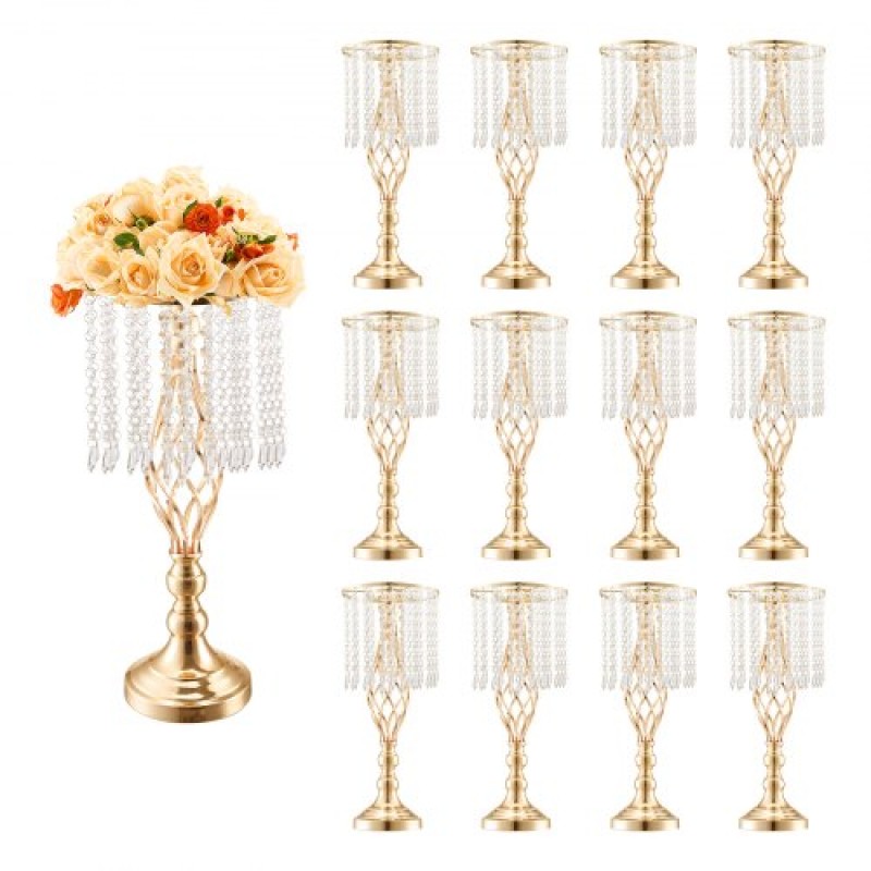 VEVOR 12PCS 49cm/19,3” Ψηλό κρυστάλλινο σταντ γάμου με λουλούδια, μεταλλικό γαμήλιο κεντρικό βάζο, χρυσές θήκες για λουλούδια Floral ράφι για τραπέζια Δείπνο γάμου, Διακόσμηση γενεθλίων τελετών