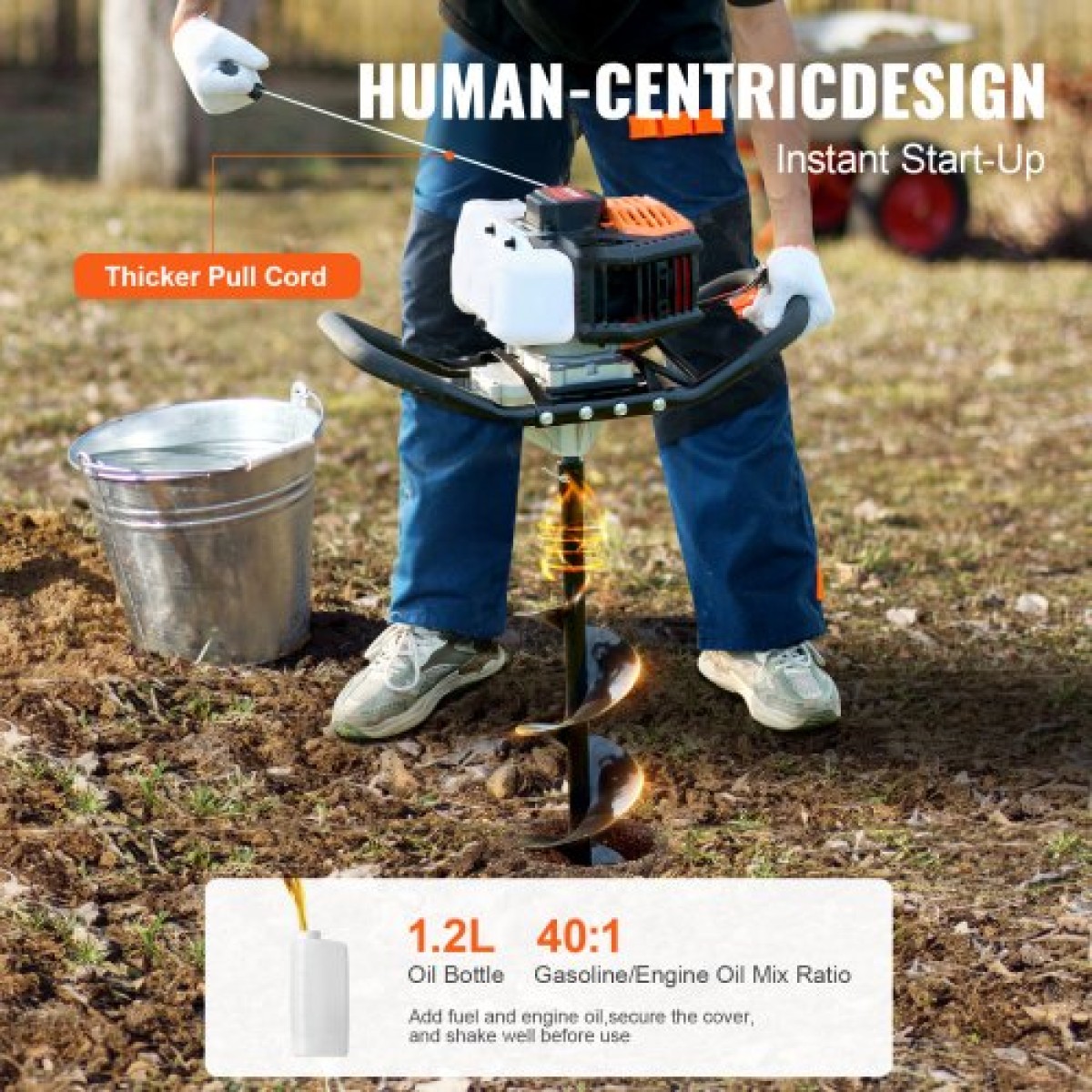 VEVOR Post Hole Digger Gas Powered, 52CC 1450W Γήινος τρυπάνι, τρυπάνι αερίου με τρυπάνι 6" & 10" Action Design Bits & 3 Extension Rods, Post Fence Hole Digger for Farmland Garden Plant, Orange+Black