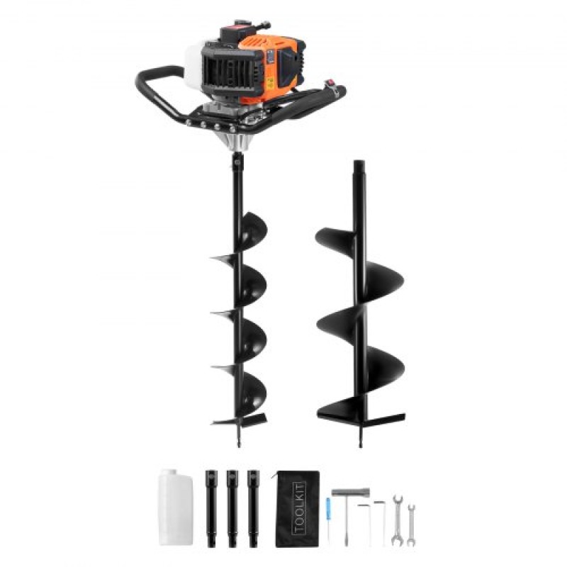 VEVOR Post Hole Digger Gas Powered, 52CC 1450W Γήινος τρυπάνι, τρυπάνι αερίου με τρυπάνι 6" & 10" Action Design Bits & 3 Extension Rods, Post Fence Hole Digger for Farmland Garden Plant, Orange+Black