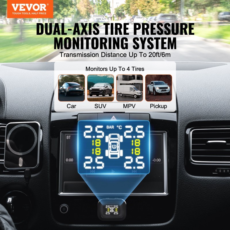 Σύστημα παρακολούθησης πίεσης ελαστικών VEVOR RV, 7.3-87 PSI Trailer TPMS, Universal ασύρματο σύστημα συναγερμού αυτοκινήτου, αδιάβροχο σετ αισθητήρων TPMS με 4 αισθητήρες, 5 λειτουργίες συναγερμού, οθόνη σε πραγματικό χρόνο, εύκολη εγκατάσταση