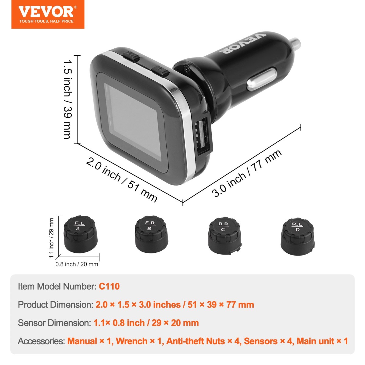 Σύστημα παρακολούθησης πίεσης ελαστικών VEVOR RV, 7.3-87 PSI Trailer TPMS, Universal ασύρματο σύστημα συναγερμού αυτοκινήτου, αδιάβροχο σετ αισθητήρων TPMS με 4 αισθητήρες, 5 λειτουργίες συναγερμού, οθόνη σε πραγματικό χρόνο, εύκολη εγκατάσταση