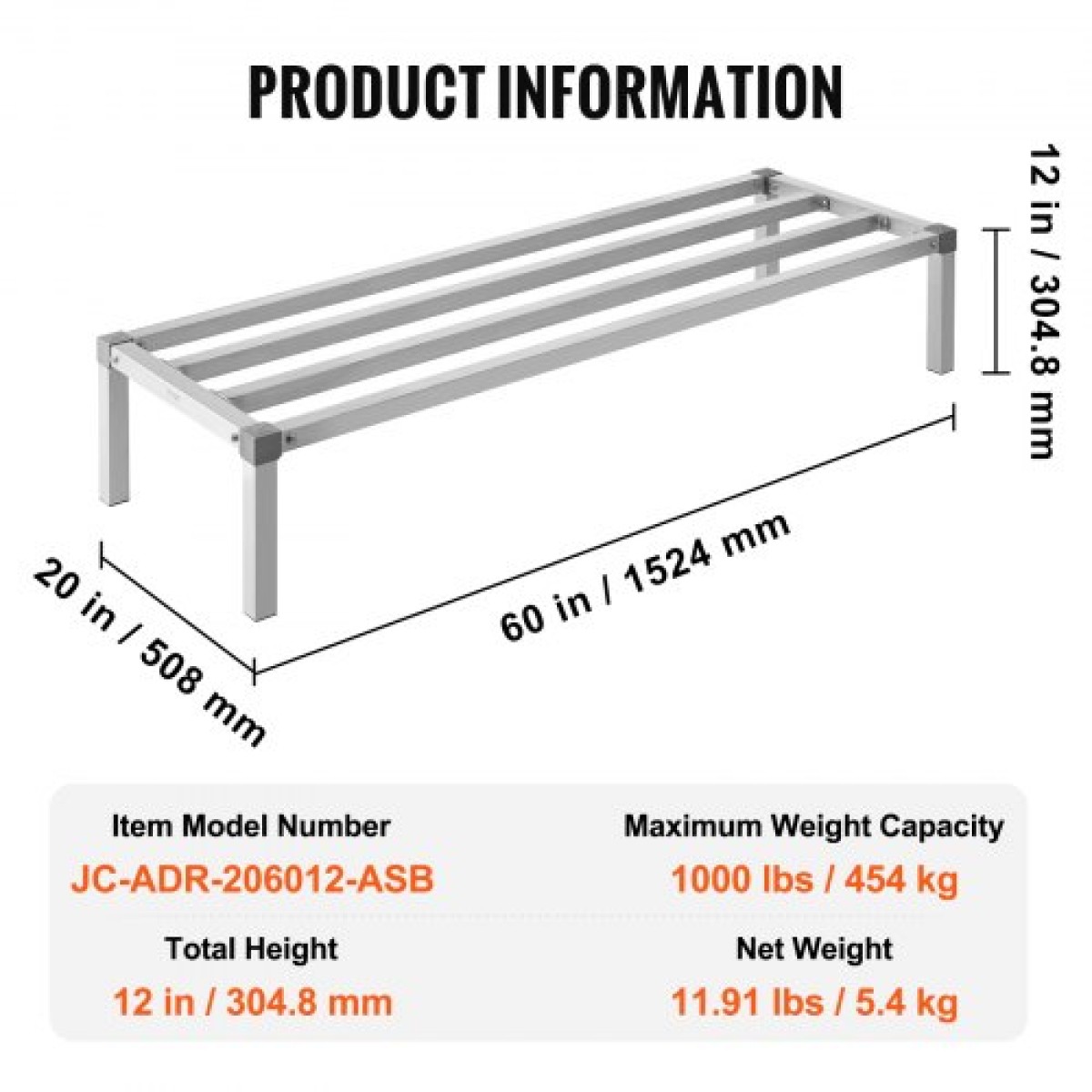 Σχάρα αλουμινίου VEVOR Dunnage, 60" x 20" Εμπορική σχάρα φαγητού, 12" εκτός δαπέδου, 1000 lbs Χωρητικότητα ράφι αποθήκευσης αλουμινίου με ολοσυγκόλληση, για αποθήκευση σε εστιατόρια, κουζίνες, γκαράζ και οχήματα