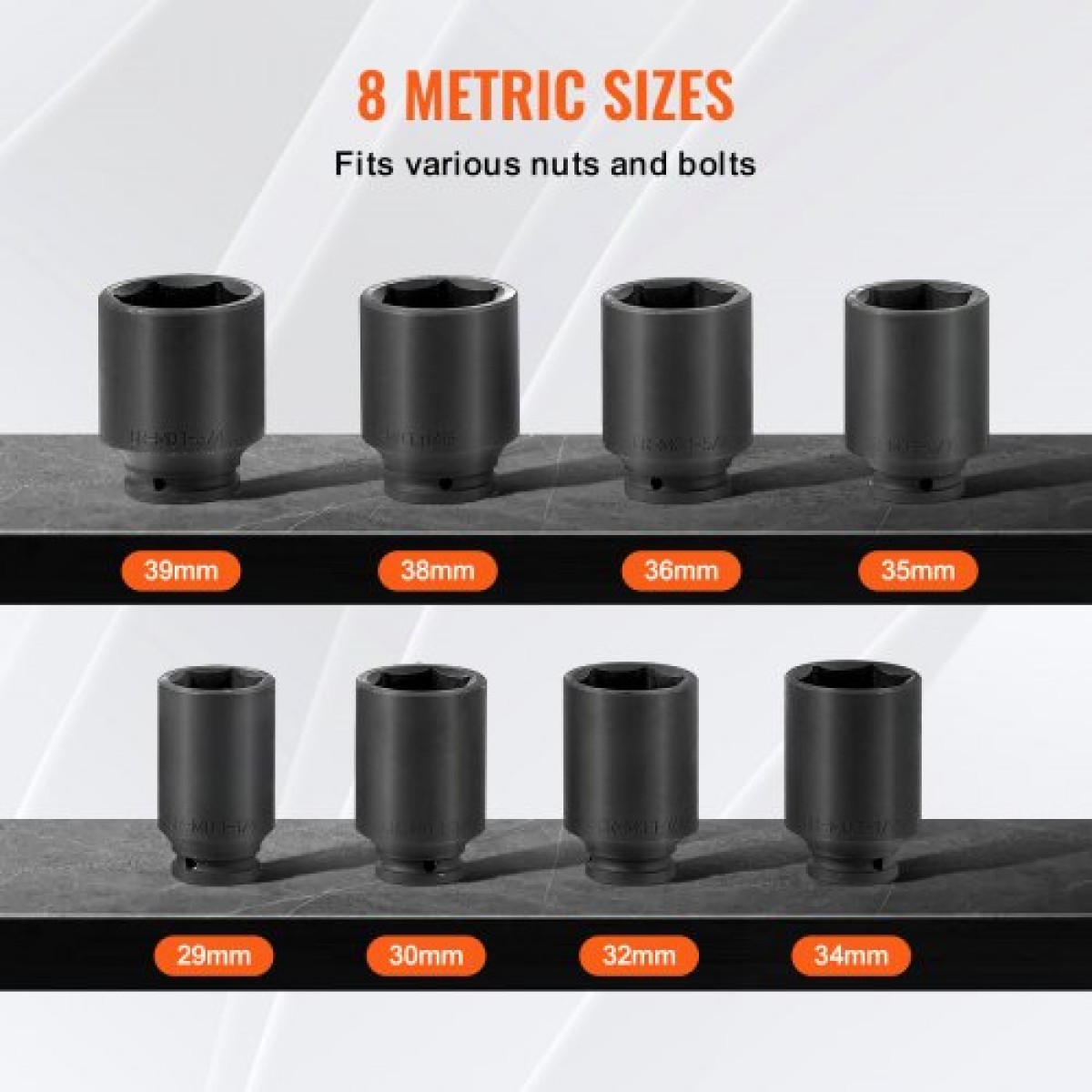 VEVOR Axle Nut Impact Socket Set, 1/2" Drive Deep 12-Point 8-Piece Metric Spindle Socket Set, CR-MO Heat Treated Socket Socket με θήκη αποθήκευσης, αυτόματη επισκευή, αφαίρεση ή τοποθέτηση παξιμαδιών άξονα