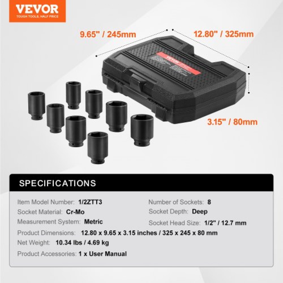 VEVOR Axle Nut Impact Socket Set, 1/2" Drive Deep 12-Point 8-Piece Metric Spindle Socket Set, CR-MO Heat Treated Socket Socket με θήκη αποθήκευσης, αυτόματη επισκευή, αφαίρεση ή τοποθέτηση παξιμαδιών άξονα