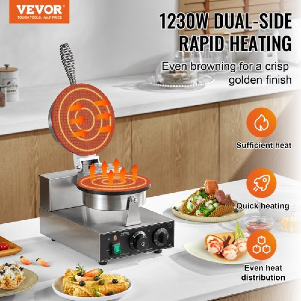 VEVOR Electric Ice Cream Cone Maker, Εμπορική μηχανή για κώνους βάφλας 1230W, Αντικολλητική φόρμα ρολού από ανοξείδωτο ατσάλι, με έλεγχο θερμοκρασίας και χρόνου, λαβή, για οικογένεια σνακ μπαρ αρτοποιίας εστιατορίου