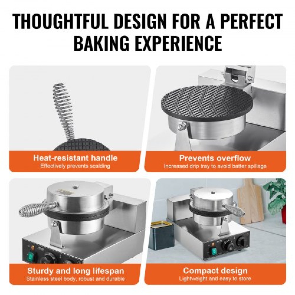 VEVOR Electric Ice Cream Cone Maker, Εμπορική μηχανή για κώνους βάφλας 1230W, Αντικολλητική φόρμα ρολού από ανοξείδωτο ατσάλι, με έλεγχο θερμοκρασίας και χρόνου, λαβή, για οικογένεια σνακ μπαρ αρτοποιίας εστιατορίου