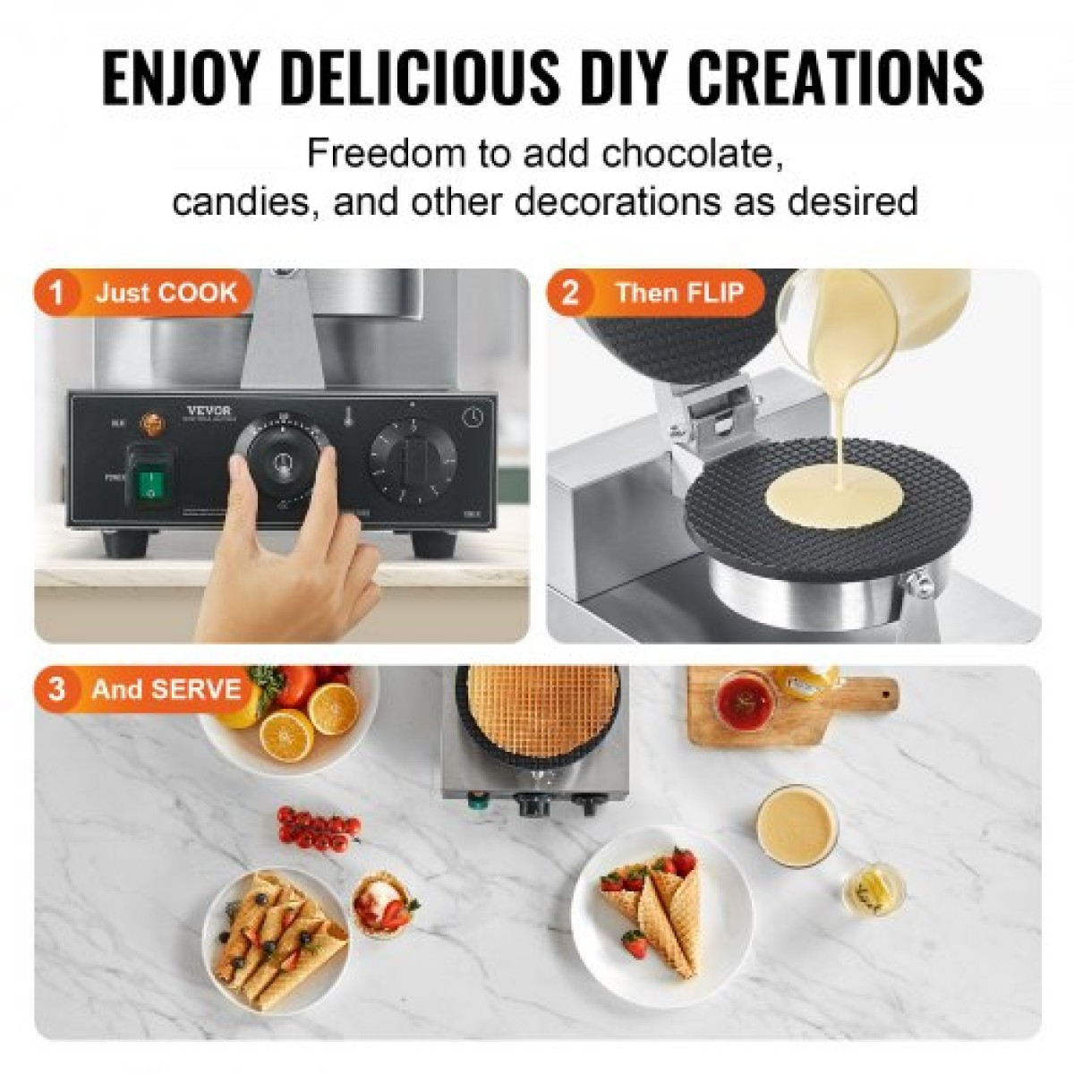 VEVOR Electric Ice Cream Cone Maker, Εμπορική μηχανή για κώνους βάφλας 1230W, Αντικολλητική φόρμα ρολού από ανοξείδωτο ατσάλι, με έλεγχο θερμοκρασίας και χρόνου, λαβή, για οικογένεια σνακ μπαρ αρτοποιίας εστιατορίου