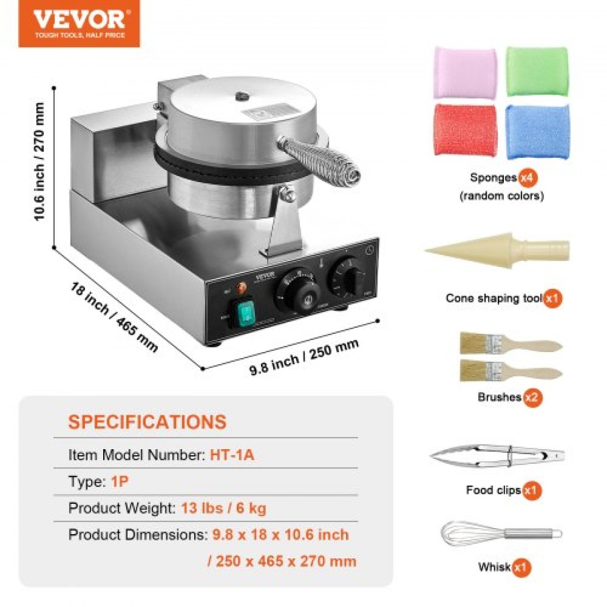 VEVOR Electric Ice Cream Cone Maker, Εμπορική μηχανή για κώνους βάφλας 1230W, Αντικολλητική φόρμα ρολού από ανοξείδωτο ατσάλι, με έλεγχο θερμοκρασίας και χρόνου, λαβή, για οικογένεια σνακ μπαρ αρτοποιίας εστιατορίου