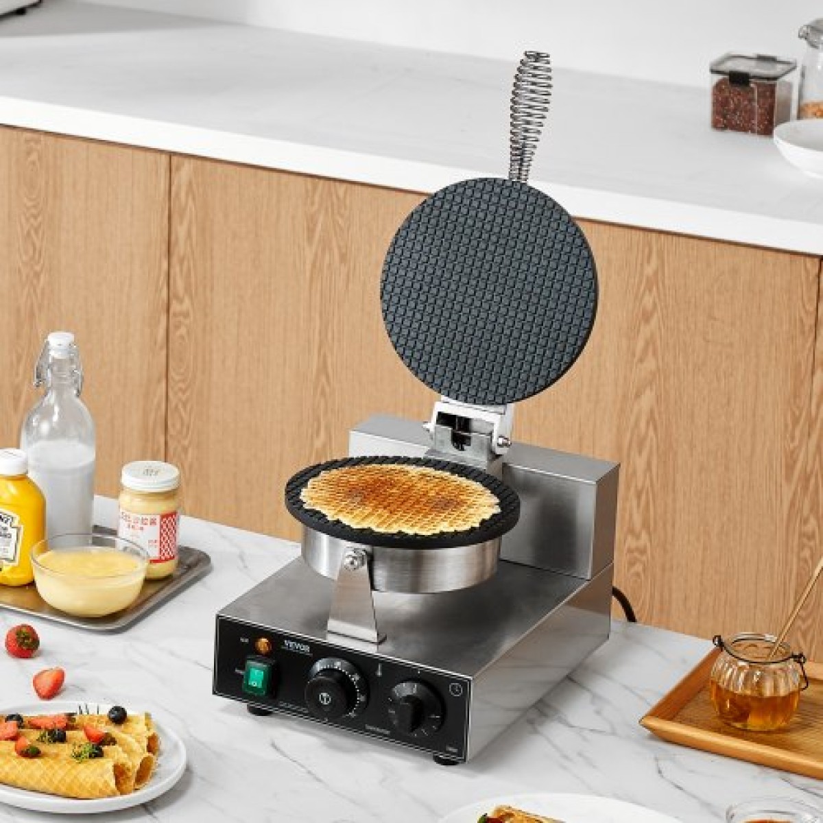 VEVOR Electric Ice Cream Cone Maker, Εμπορική μηχανή για κώνους βάφλας 1230W, Αντικολλητική φόρμα ρολού από ανοξείδωτο ατσάλι, με έλεγχο θερμοκρασίας και χρόνου, λαβή, για οικογένεια σνακ μπαρ αρτοποιίας εστιατορίου