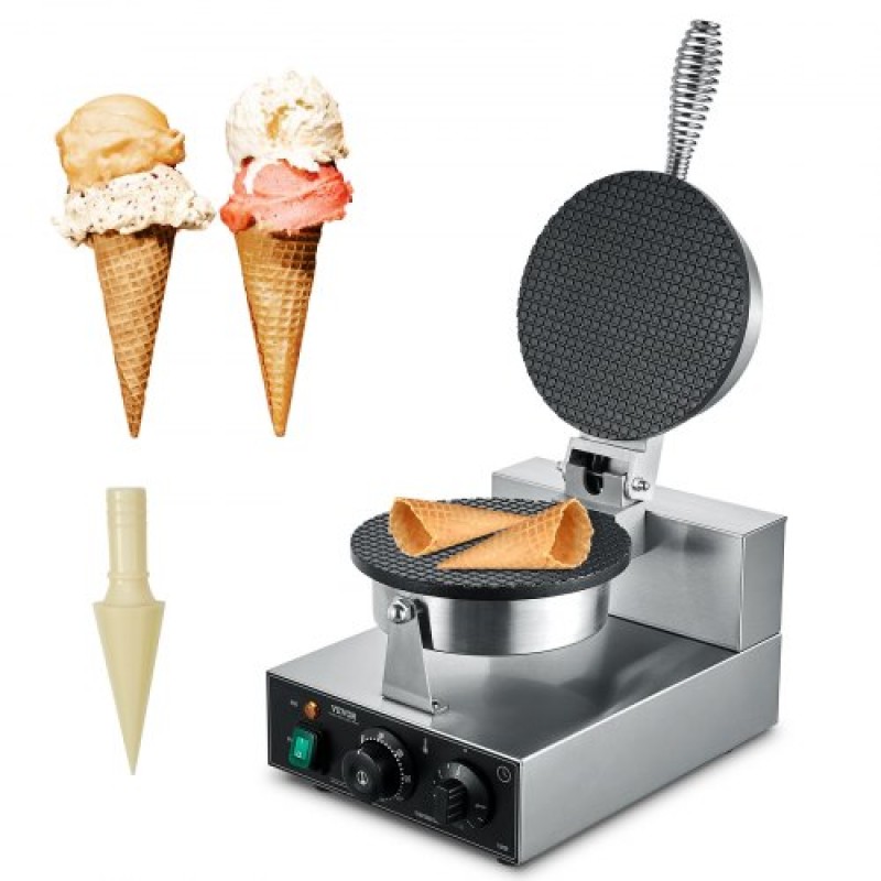 VEVOR Electric Ice Cream Cone Maker, Εμπορική μηχανή για κώνους βάφλας 1230W, Αντικολλητική φόρμα ρολού από ανοξείδωτο ατσάλι, με έλεγχο θερμοκρασίας και χρόνου, λαβή, για οικογένεια σνακ μπαρ αρτοποιίας εστιατορίου