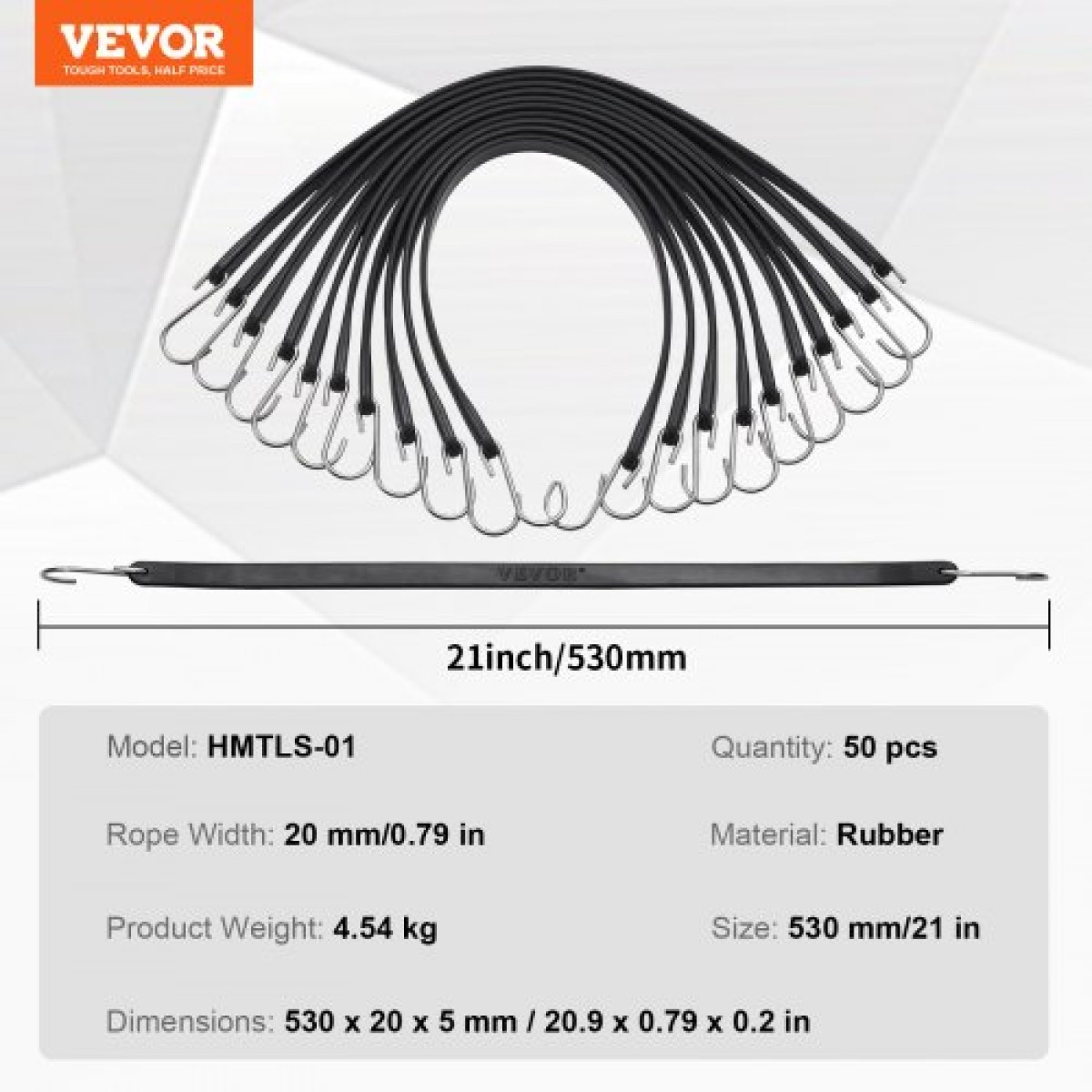 VEVOR Επίπεδο κορδόνι Bungee 50 τεμαχίων, Ιμάντες Bungee βαρέως τύπου 19,8 mm με ατσάλινα άγκιστρα S, ελαστικό σχοινί bungee 21" για φορτίο, μουσαμάδες, φορτηγά και σκηνή, μαύρο