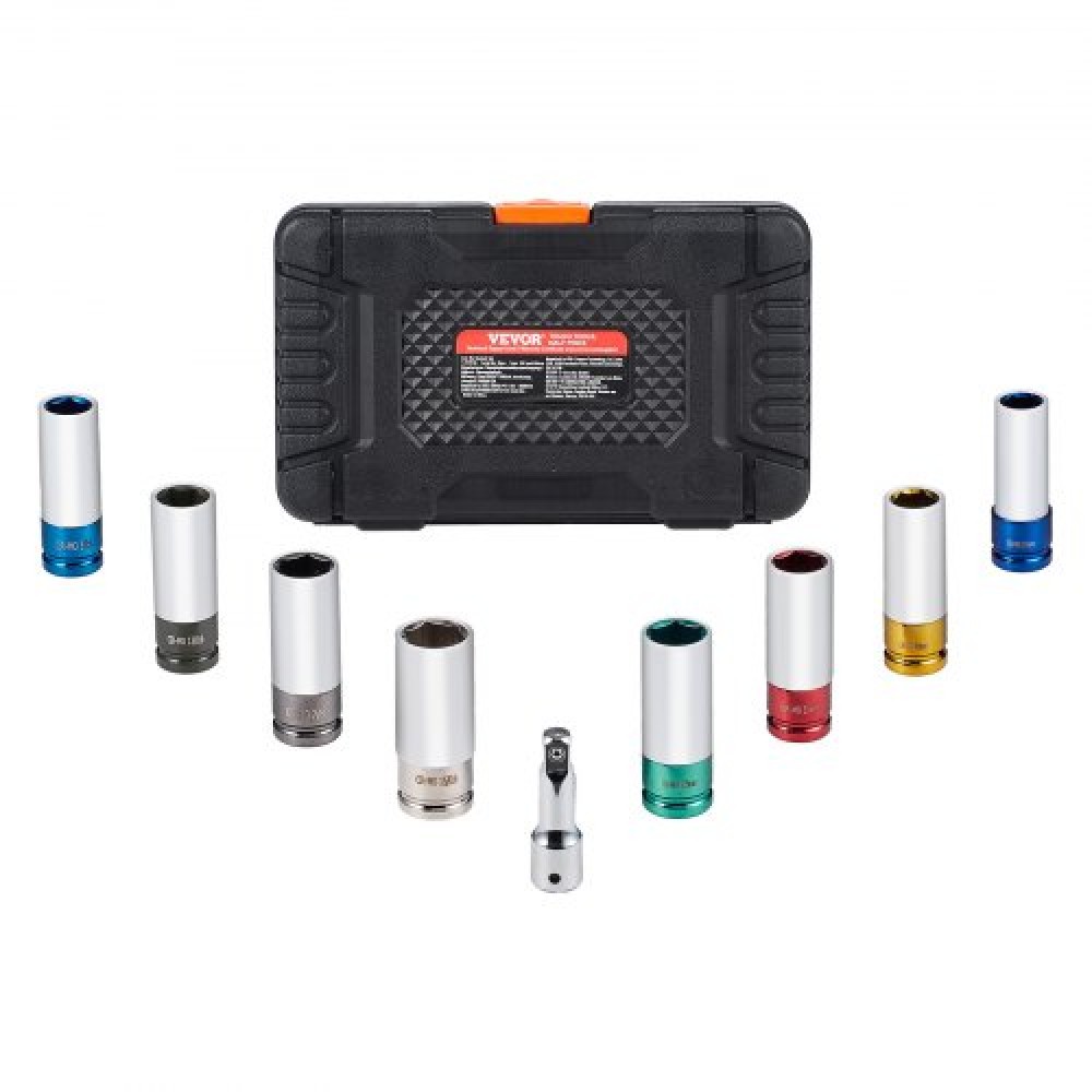 VEVOR Lug Nut Impact Socket Set, 1/2 inch Drive Metric και SAE 6-Point Deep Socket Set, 8 Total Lug Nut Sizes, CR-MO Steel Socket Socket Set with Storage Case and Extension Bar, για επισκευή αυτοκινήτων