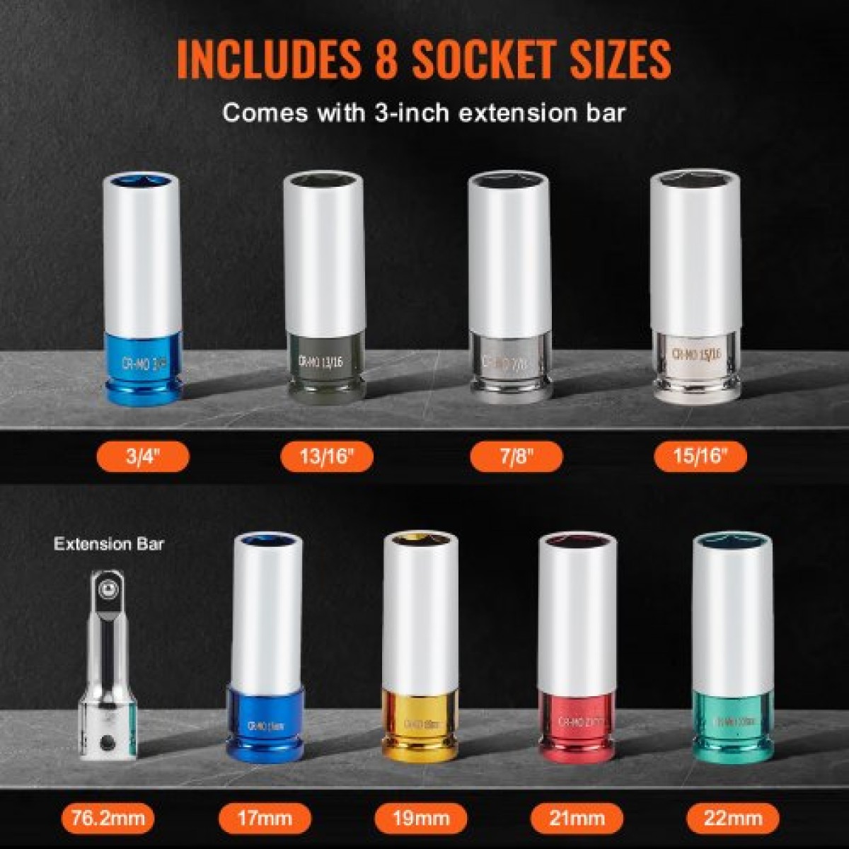 VEVOR Lug Nut Impact Socket Set, 1/2 inch Drive Metric και SAE 6-Point Deep Socket Set, 8 Total Lug Nut Sizes, CR-MO Steel Socket Socket Set with Storage Case and Extension Bar, για επισκευή αυτοκινήτων