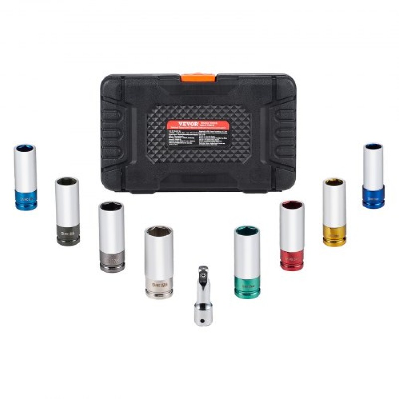 VEVOR Lug Nut Impact Socket Set, 1/2 inch Drive Metric και SAE 6-Point Deep Socket Set, 8 Total Lug Nut Sizes, CR-MO Steel Socket Socket Set with Storage Case and Extension Bar, για επισκευή αυτοκινήτων