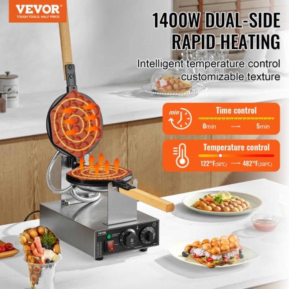 VEVOR Commercial Bubble Waffle Maker, Μηχάνημα αρτοποιίας για τηγανίτες αυγών 1400W, Αντικολλητικό ανοξείδωτο ατσάλι Egg Bubble Puff, Περιστρεφόμενο 180°, Έλεγχος θερμοκρασίας και χρόνου, Ξύλινη λαβή, για σνακ μπαρ αρτοποιίας εστιατορίου
