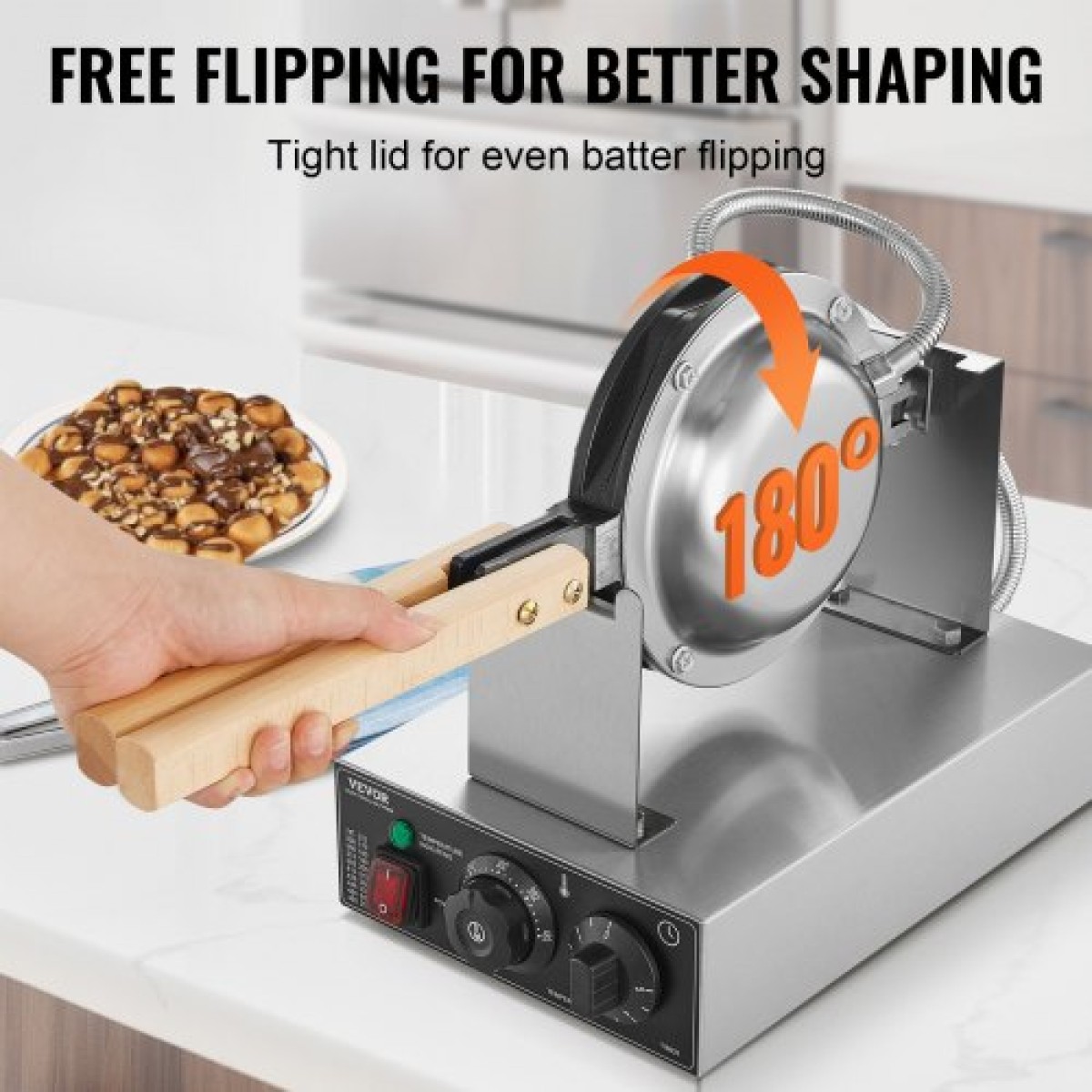 VEVOR Commercial Bubble Waffle Maker, Μηχάνημα αρτοποιίας για τηγανίτες αυγών 1400W, Αντικολλητικό ανοξείδωτο ατσάλι Egg Bubble Puff, Περιστρεφόμενο 180°, Έλεγχος θερμοκρασίας και χρόνου, Ξύλινη λαβή, για σνακ μπαρ αρτοποιίας εστιατορίου